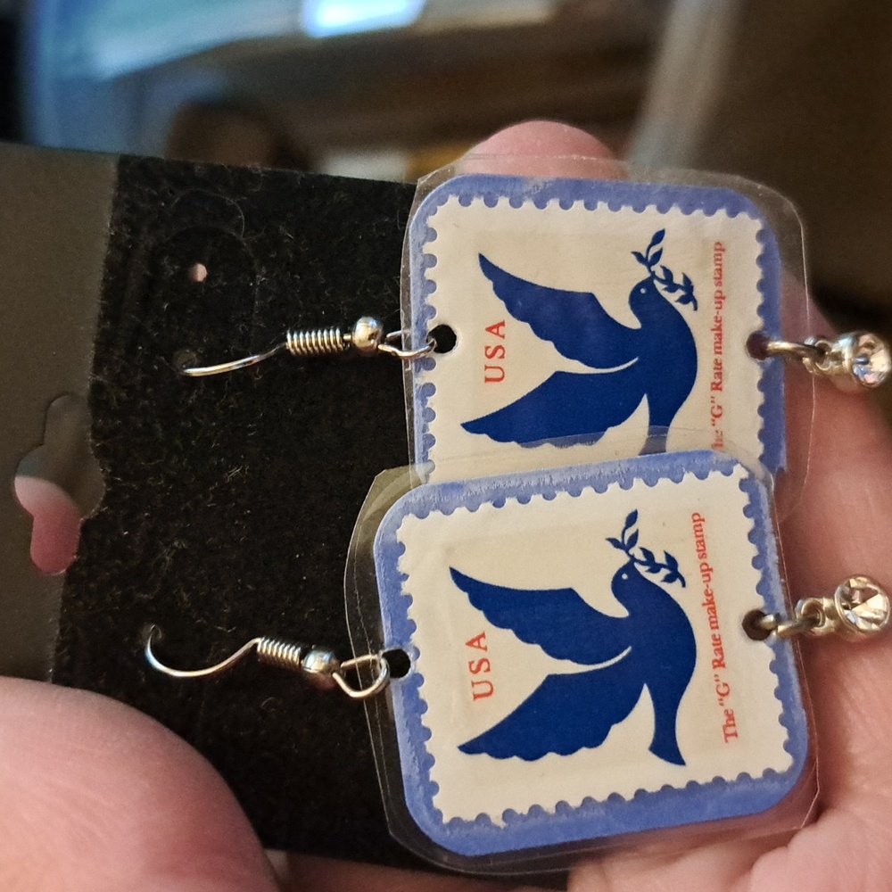 Postage Stamp earrings Dove Peace Blue Christmas handmade